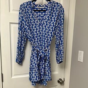 Zara Blue and White Belted Dress with Cuffed Sleeves